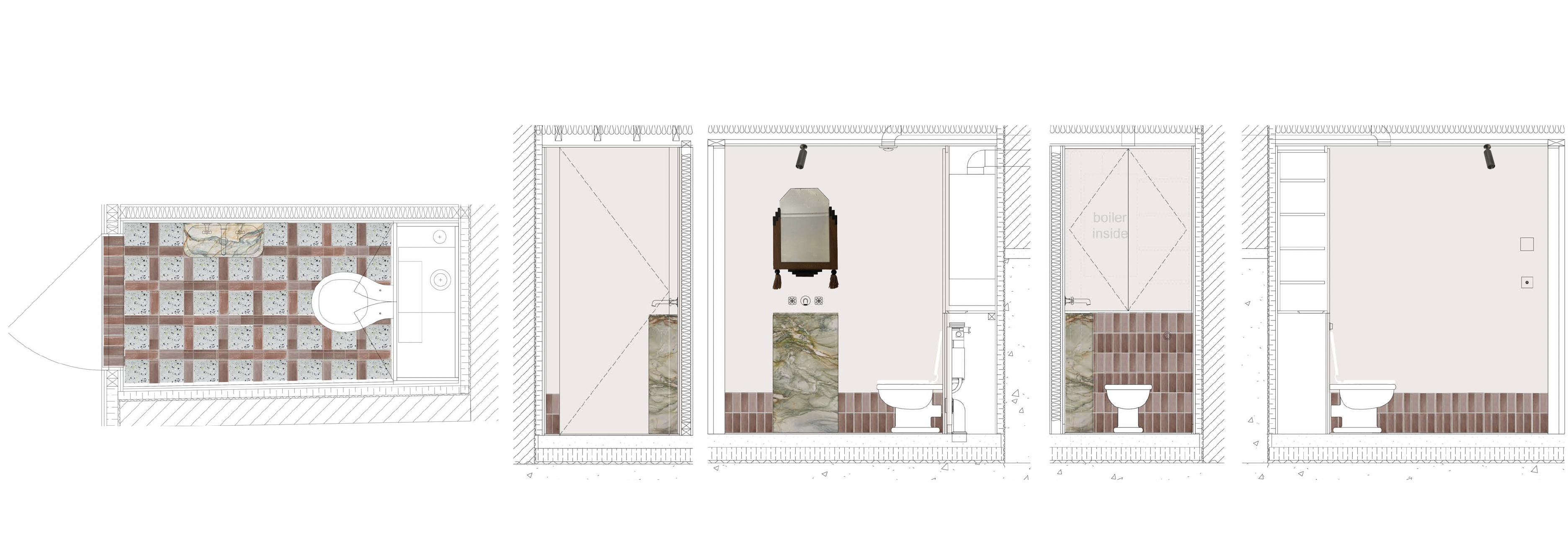 Architectural bathroom elevations and floor plans